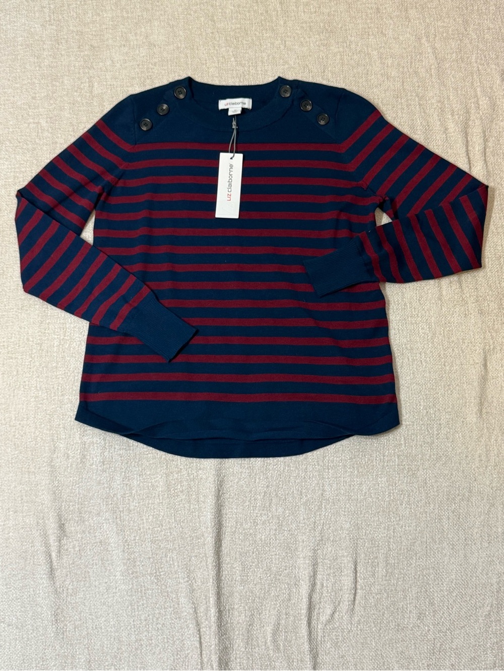NWT Liz Claiborne M Navy Burgundy Breton Stripe Sweater Coastal Preppy